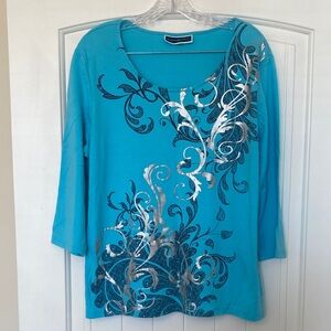 Karen Scott Turquoise and Silver 3/4 Sleeve Top -1X